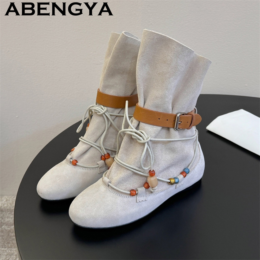 Ethnic Fashion Week - Ethnischer Stil Perlenriemen-Design Wildleder-Stiefeletten für Damen