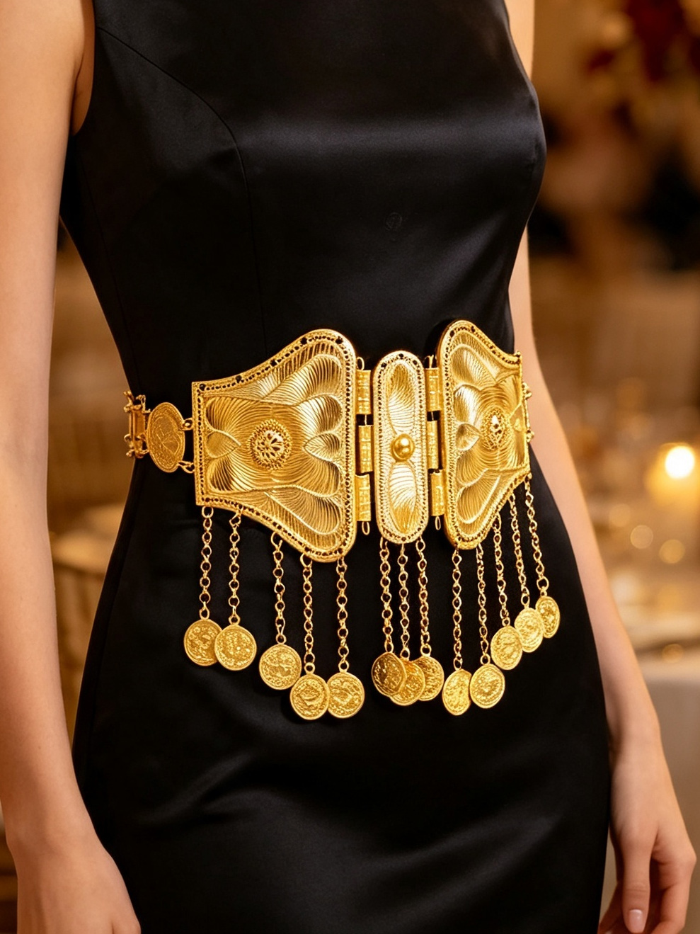 Ethnic Fashion Co In - Vintage Goldmünzen-Quasten-Taillengürtel Boho Ethnische Geschnitzte Metall-Bauchkette