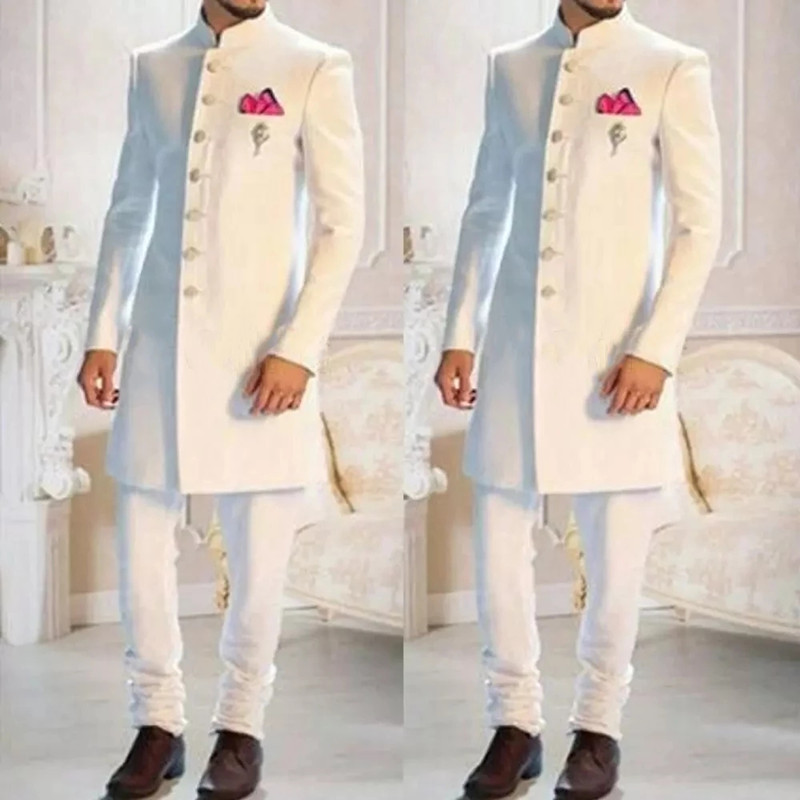 Fashion Ethnic Wear For Men - Mode-Design Weiß Stehkragen Einreiher Ethnische Indischen